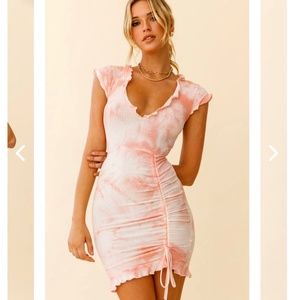 Selfie Leslie WAKE UP CALL RUCHED ACCENT RUFFLE DRESS MARBLE PRINT PINK